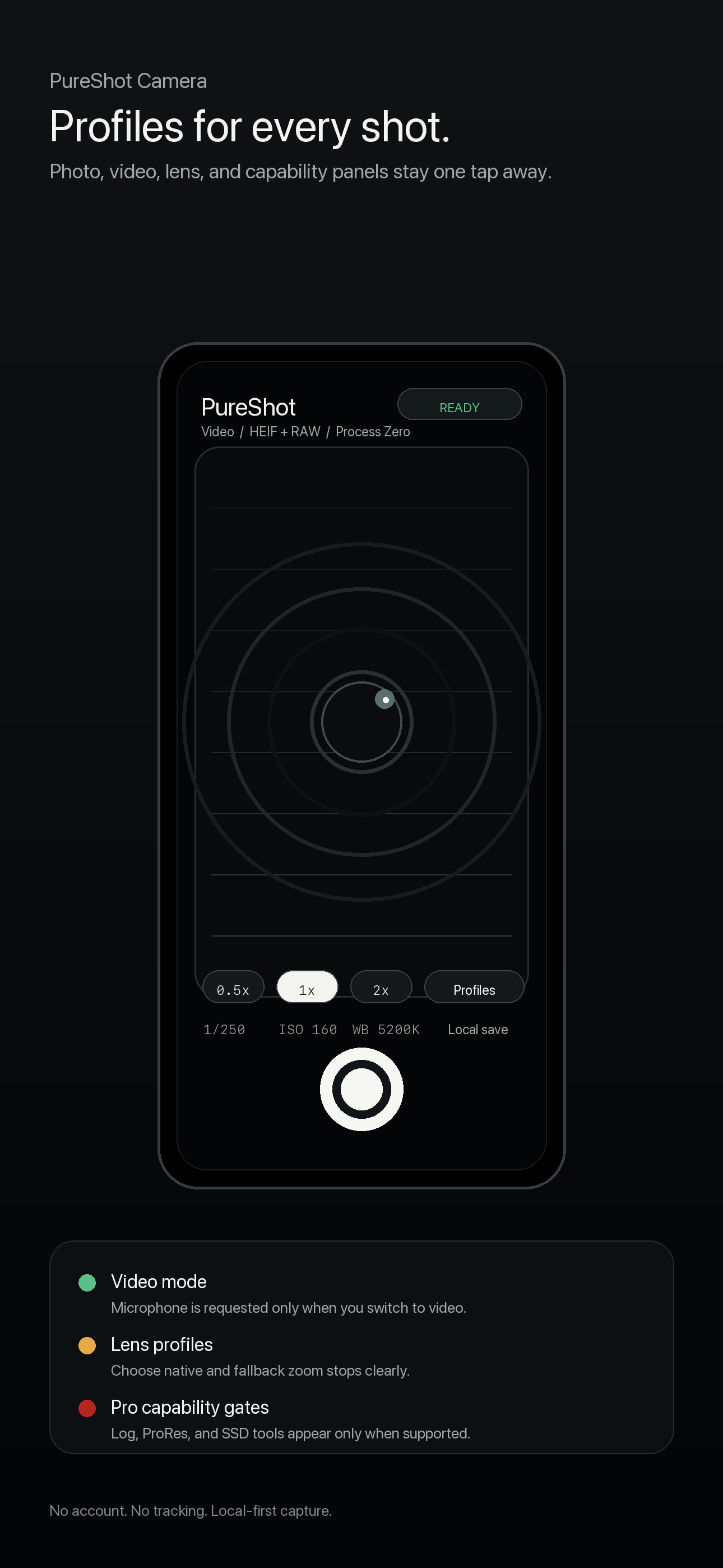 PureShot profiles interface with camera settings