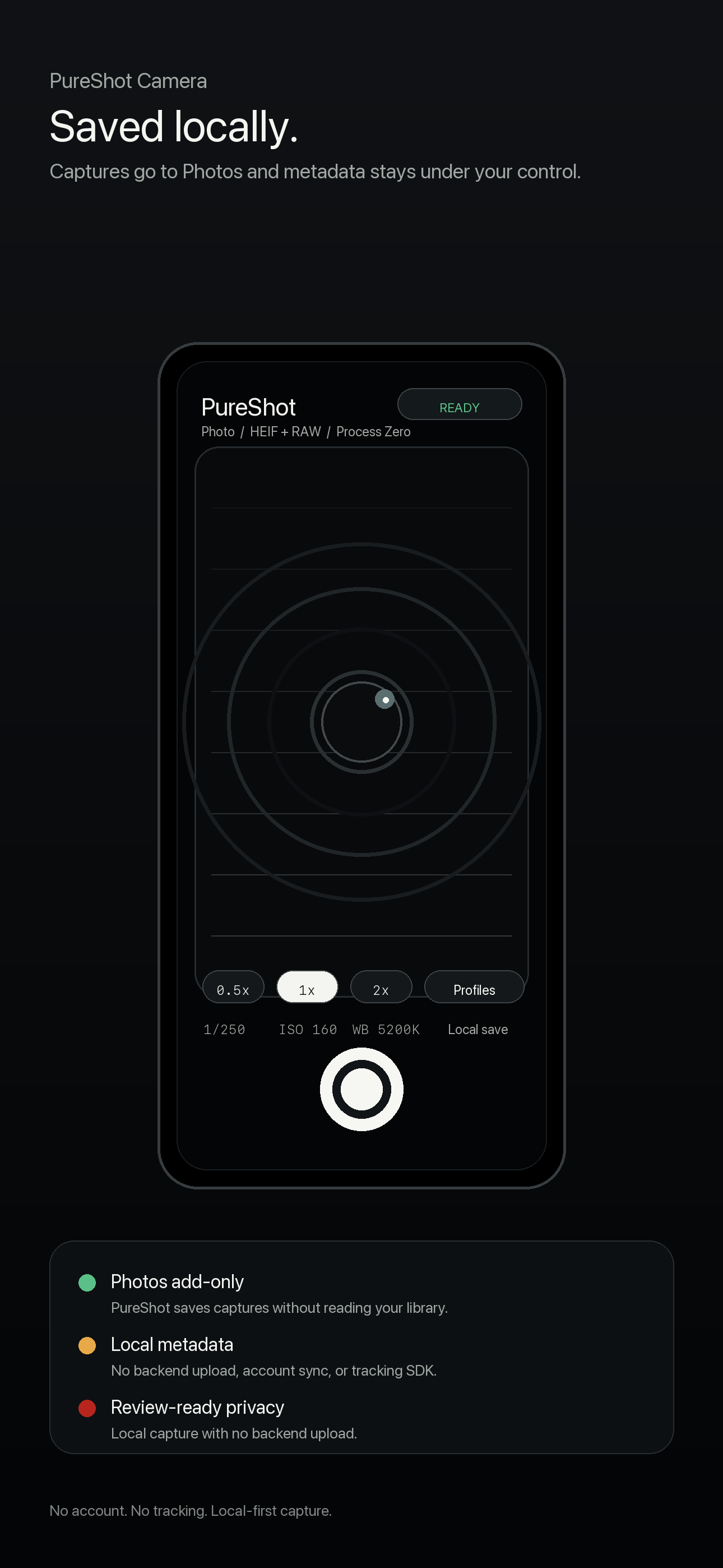 PureShot settings interface with privacy and device controls